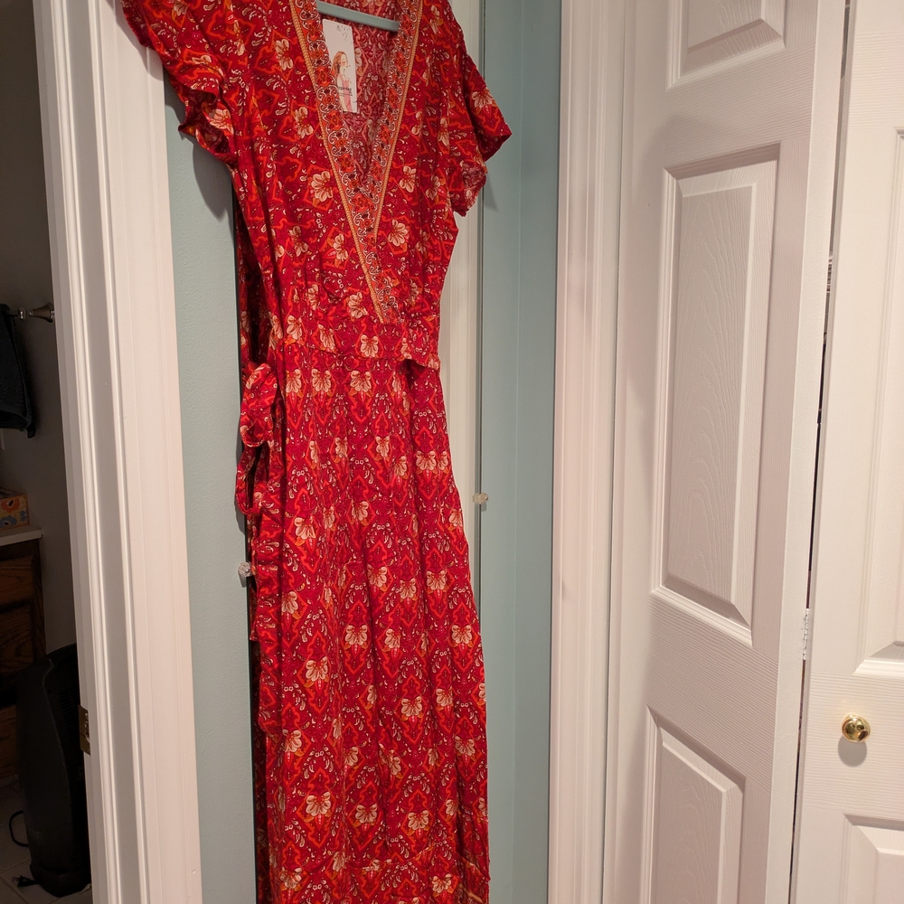 Red and White Flutter Sleeve Maxi Sundress